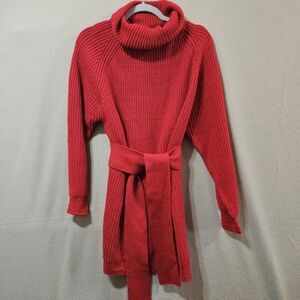 Zenana Med Women's Red Knit Turtleneck Belted Sweater Dress